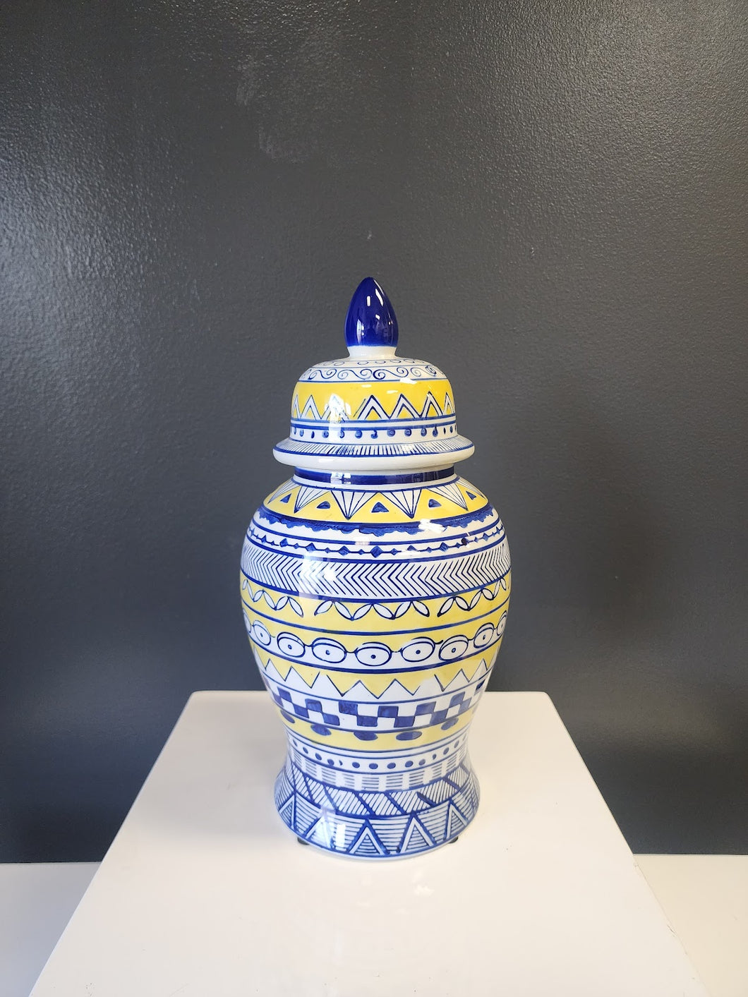 Yellow and Blue Floral Ceramic Jar with Lid