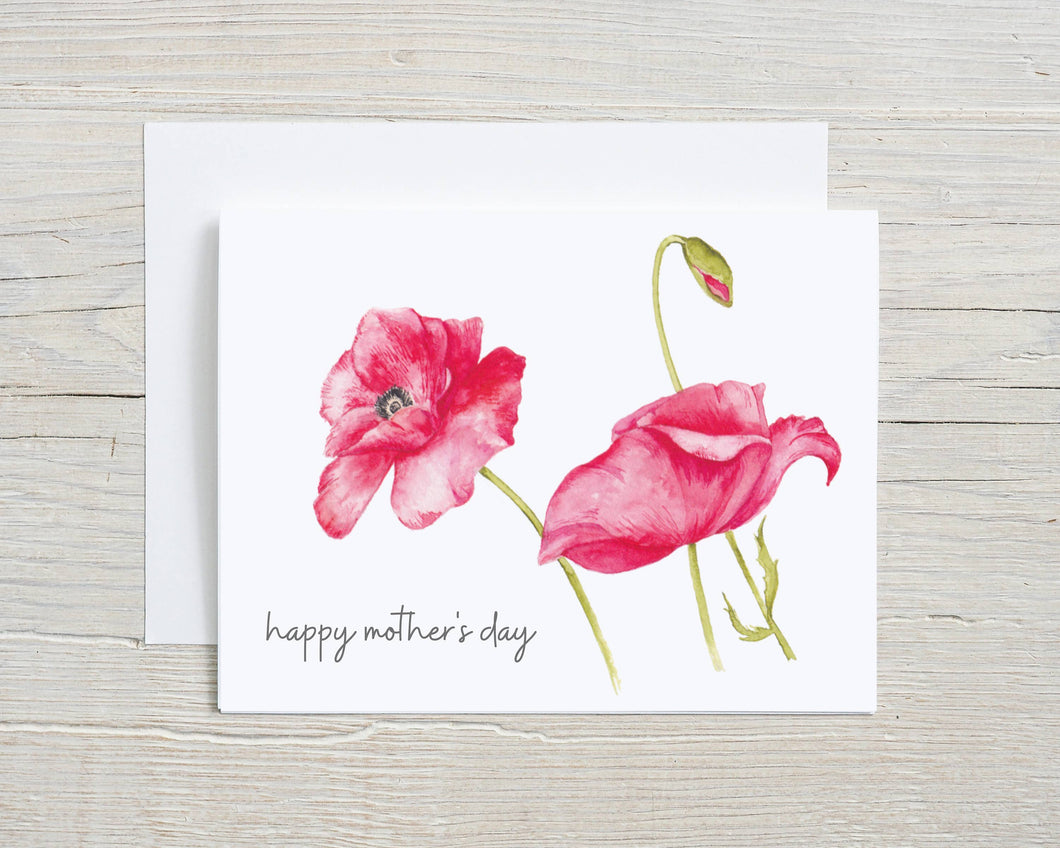 Liz Pope Designs - Mother's Day hand painted watercolor card, Pink Poppies