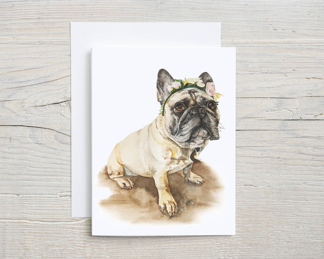 Liz Pope Designs - Hand painted card, French Bulldog with floral crown 