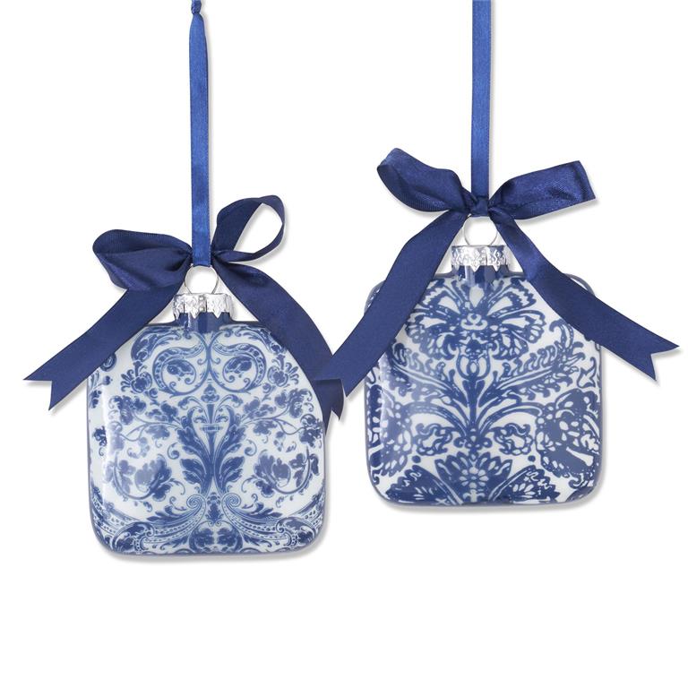 Asst 4.25 Inch Blue & White Floral Print Square Glass Ornament