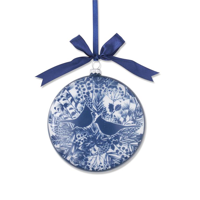 5 Inch Blue & White Floral Print with Birds Flat Round Glass Ornament