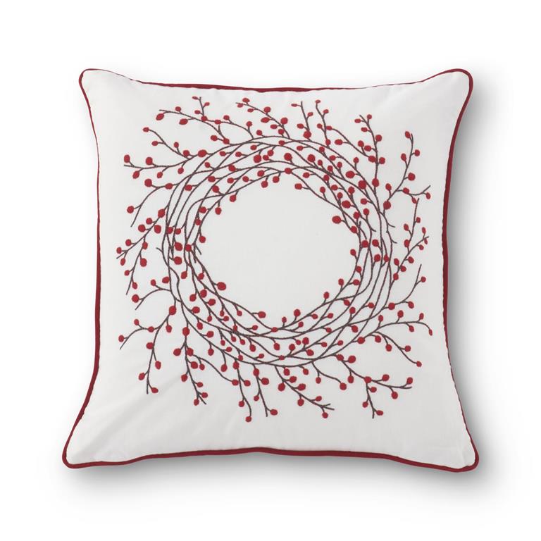 18 Inch Square Embroidered Red Berry Wreath White Cotton Pillow