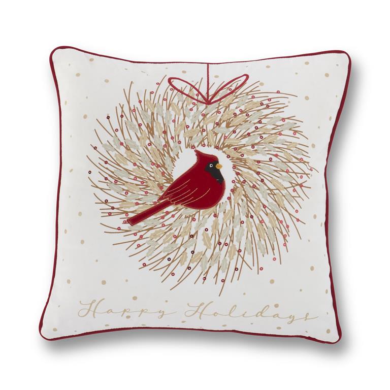 18 Inch Square Cardinal Wreath Pillow w/Sequins