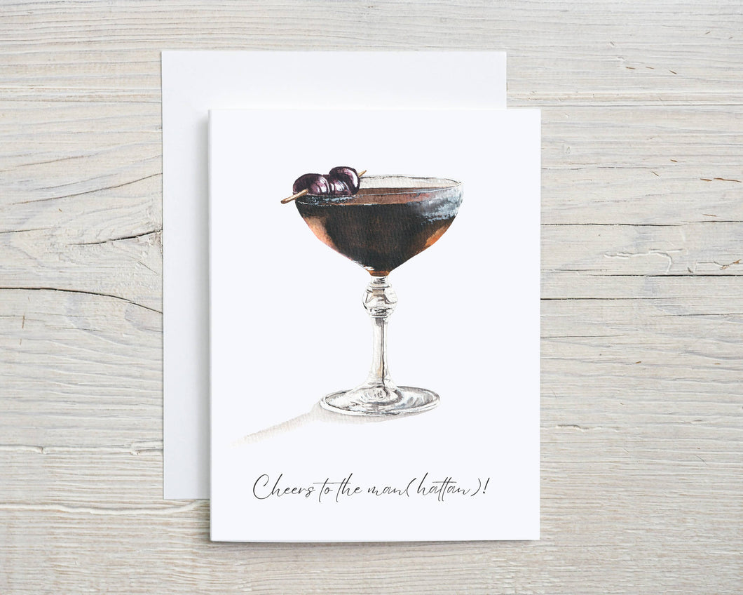 Liz Pope Designs - Cocktail hand painted greeting card, Black Manhattan, Cheers