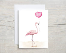 Load image into Gallery viewer, Liz Pope Designs - Bird hand painted greeting card, Flamingo with heart balloon
