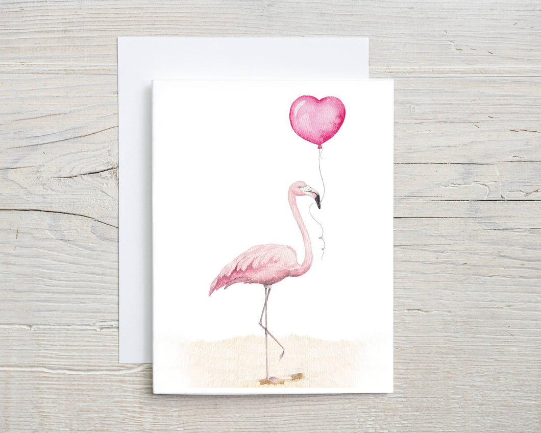 Liz Pope Designs - Bird hand painted greeting card, Flamingo with heart balloon