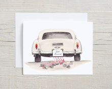 Load image into Gallery viewer, Liz Pope Designs - Wedding hand painted greeting card Antique car, Just Married
