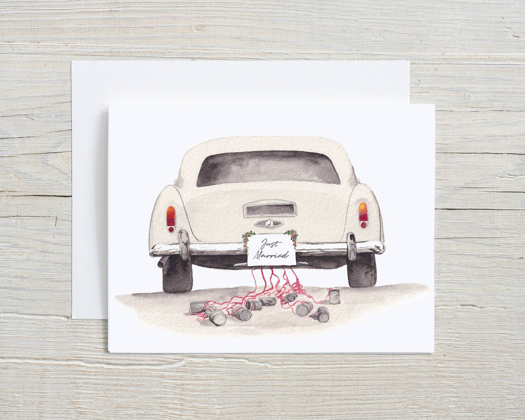 Liz Pope Designs - Wedding hand painted greeting card Antique car, Just Married