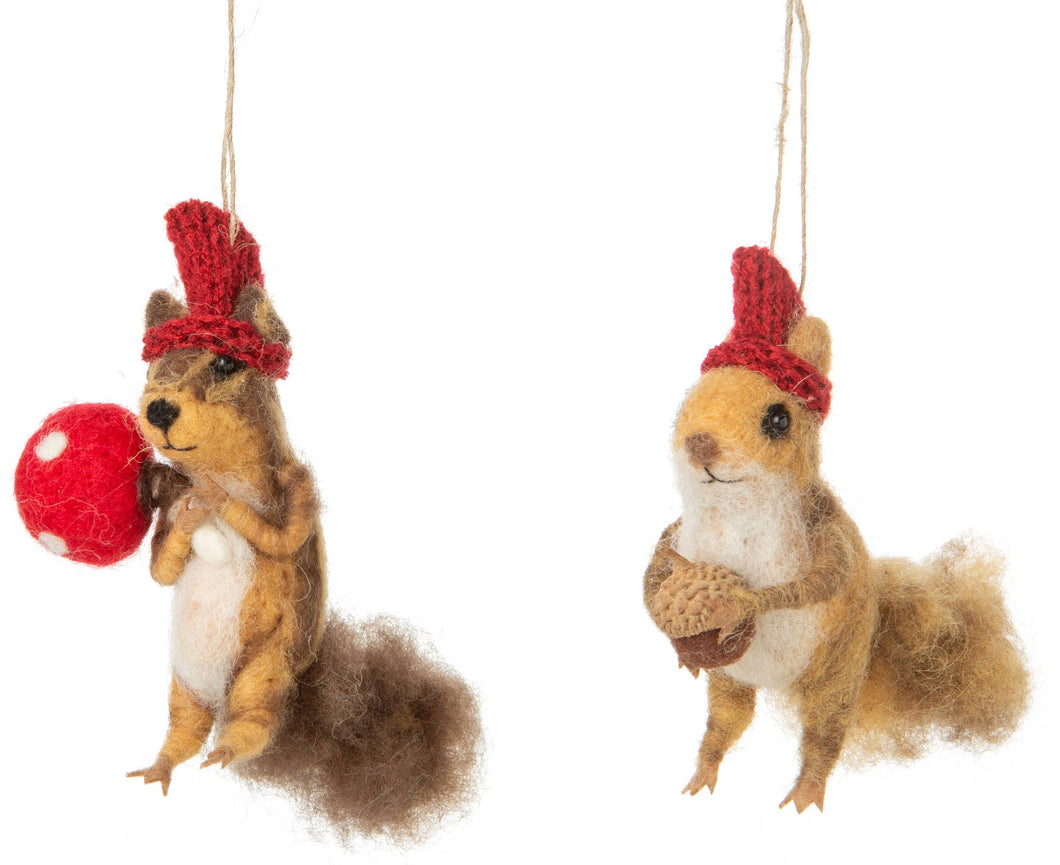 Felt squirrel ornaments with mushrooms and acorns