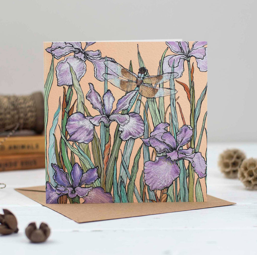 Fay's Studio - Dragonfly and Bearded Iris Greeting Card