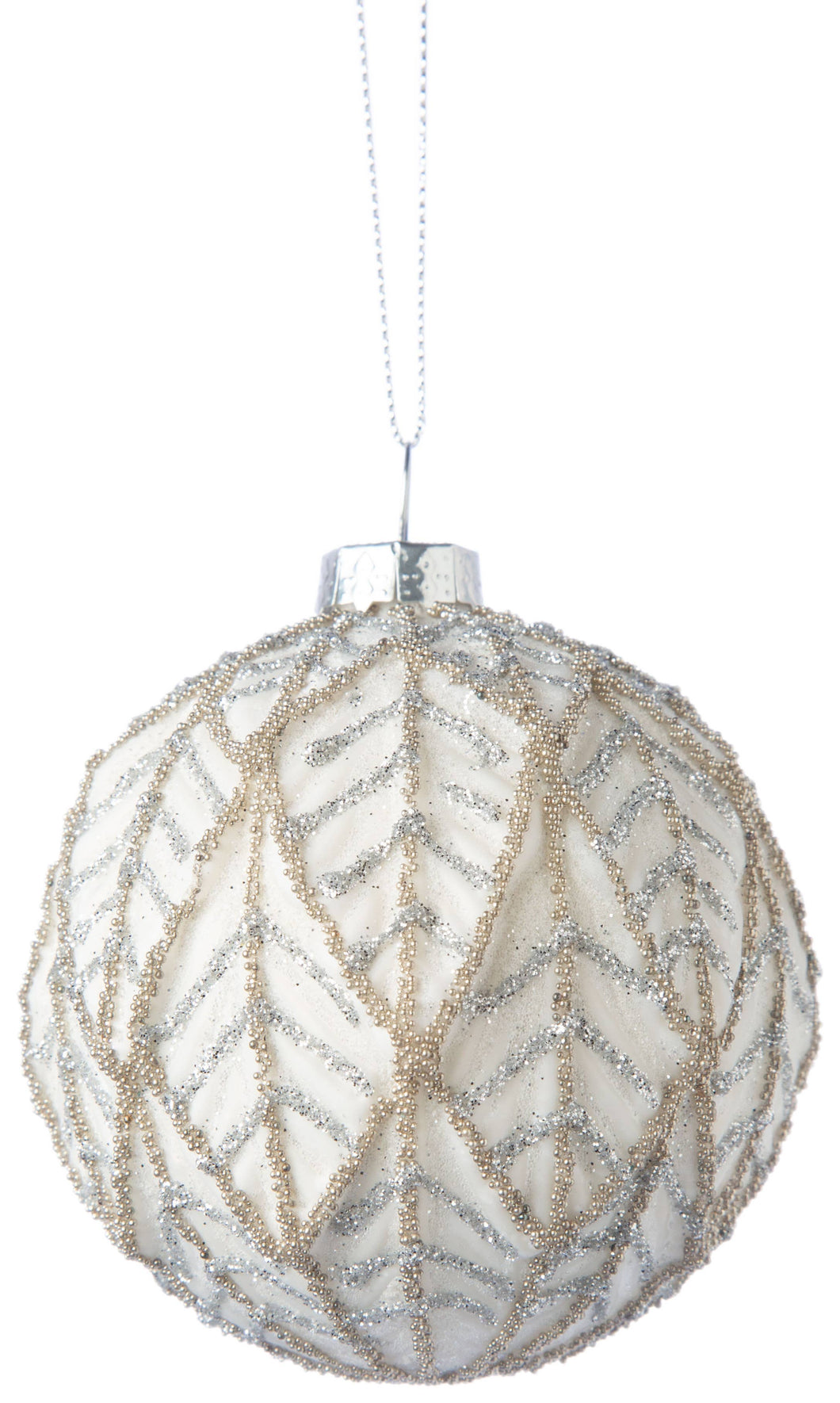 Glass Ball Ornament w/White Molded Leaf Pattern