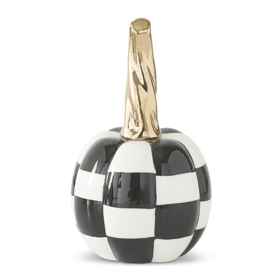 6.75 White and Black Checkered Ceramic Pumpkins w/ Twisted Gold Stem