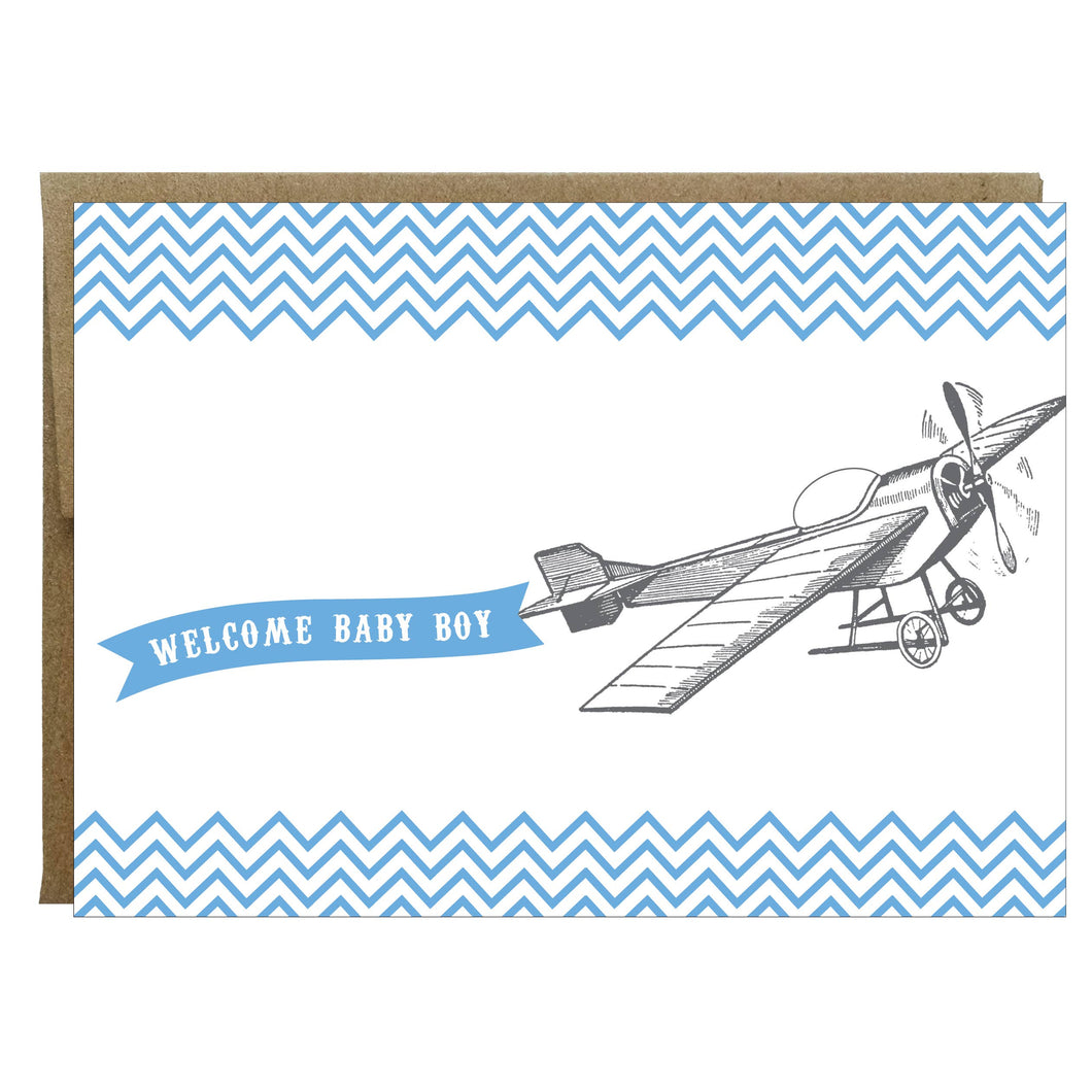 Idea Chic - Welcome Baby Boy Vintage Plane Greeting Card