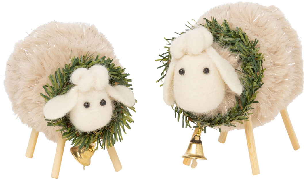 Set of 2 plush sheep with wreath and bells tabletop decor