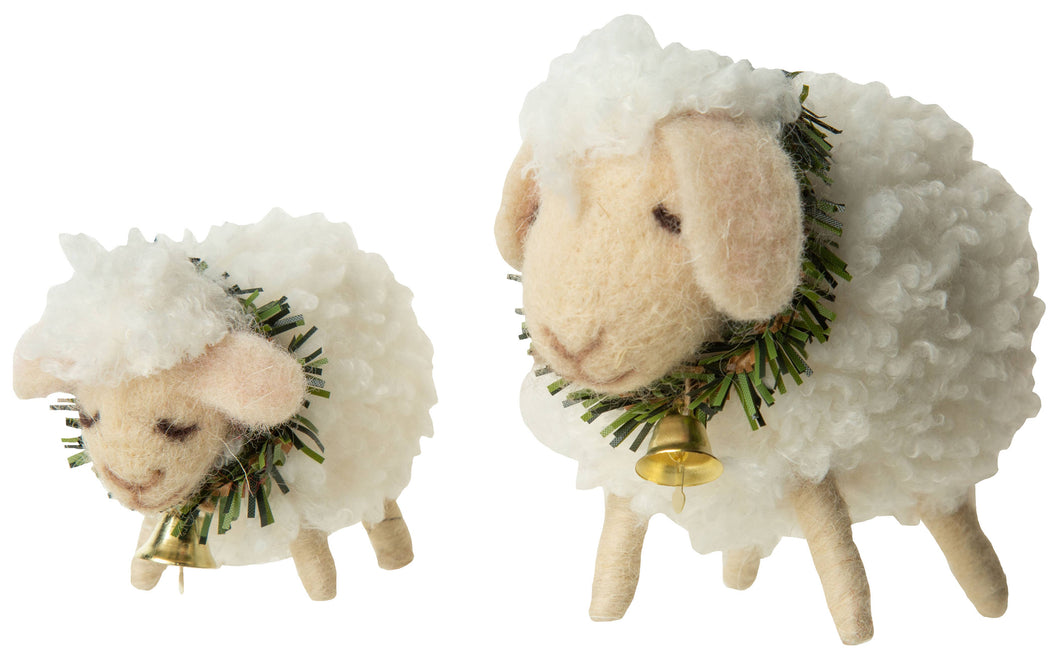 Set of 2 wooly felt sheep with wreath and bell collars