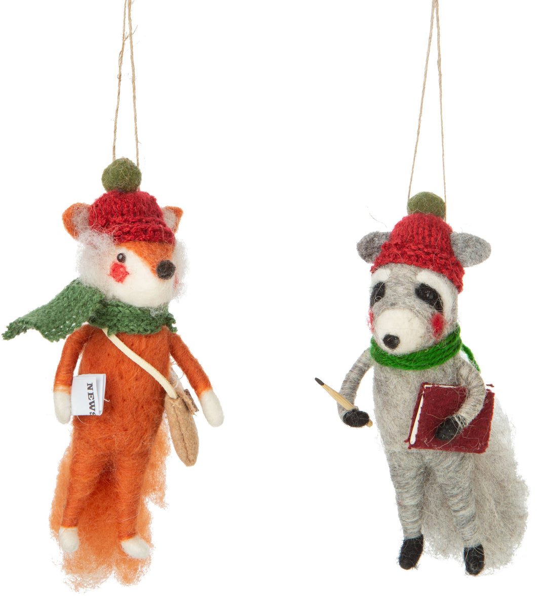 Felt raccoon and fox ornaments