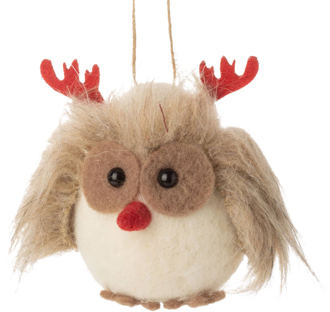 Silver Tree Home & Holiday - A12595-Felt owl,rd antler ornament,3.5in