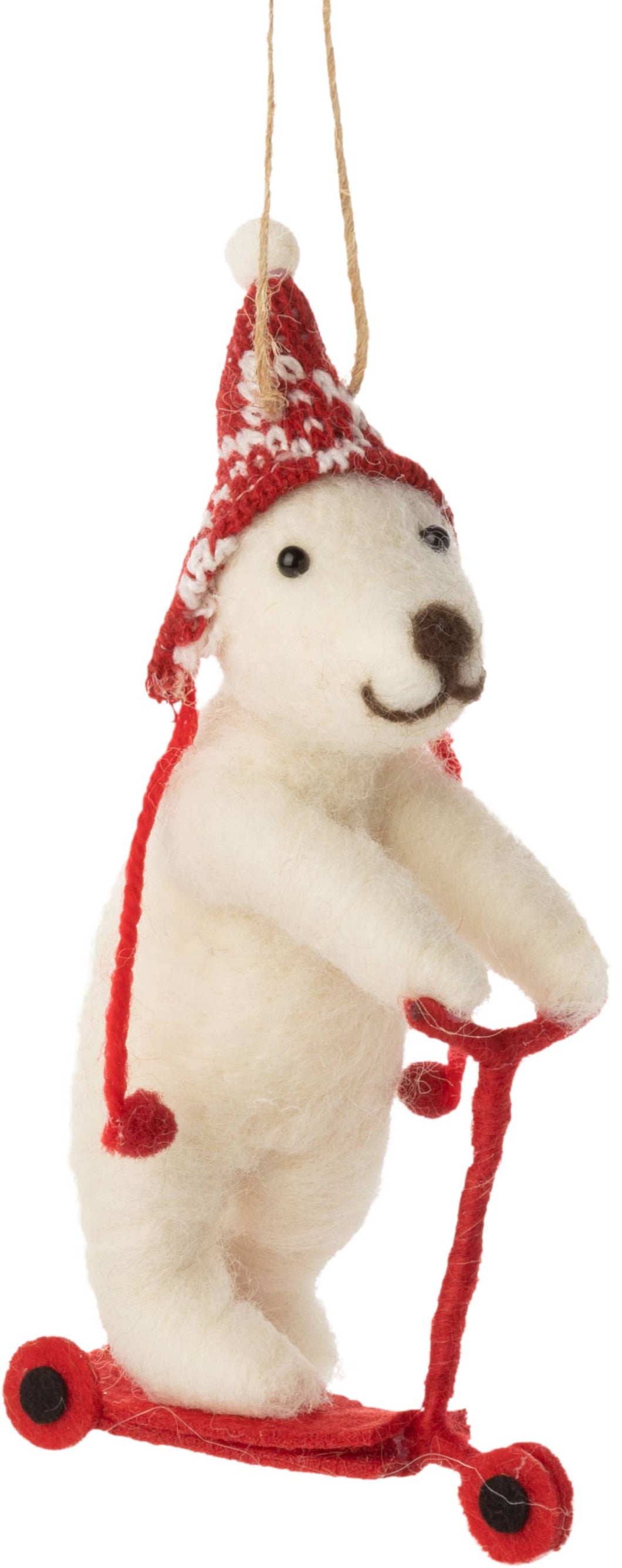 White felt bear on red scooter ornament