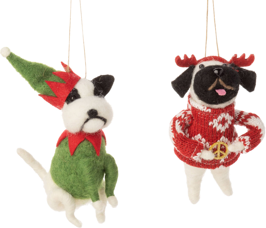 Silver Tree Home & Holiday - A12596-2 Asstd felt dogs in Christmas outfit orns,4.25in